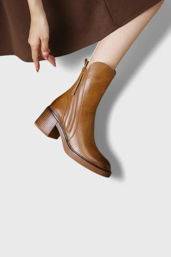Women's Leather Ankle Boots – Functional Side Zipper And Block Heel