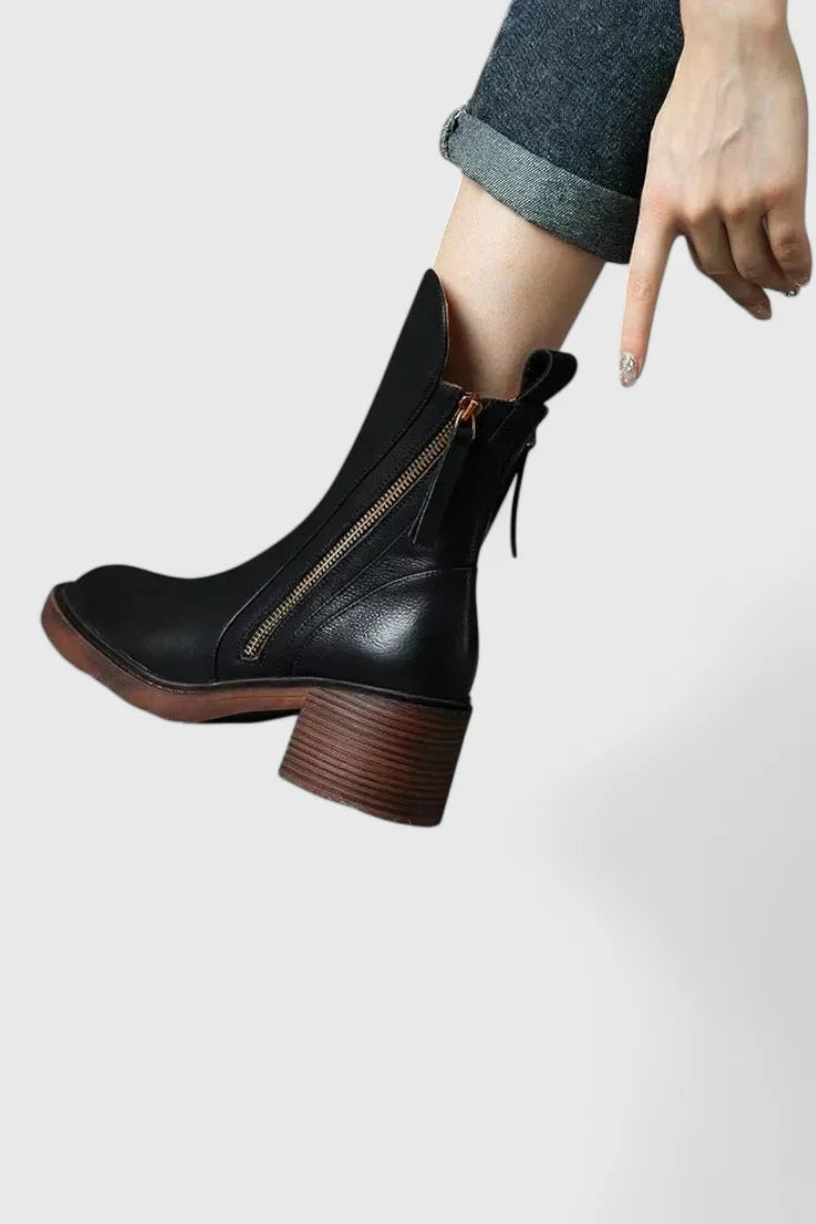 Women's Leather Ankle Boots – Functional Side Zipper And Block Heel