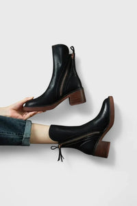 Women's Leather Ankle Boots – Functional Side Zipper And Block Heel