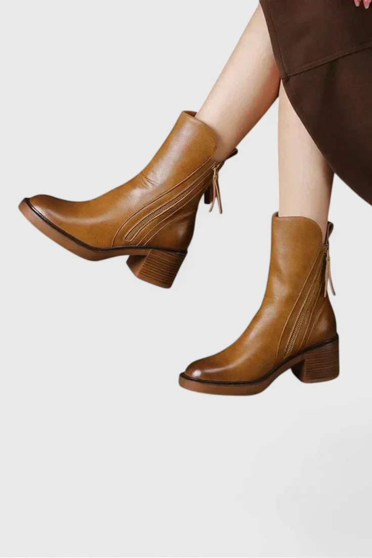 Women's Leather Ankle Boots – Functional Side Zipper And Block Heel