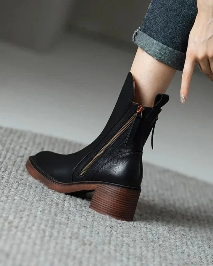 Women's Leather Ankle Boots – Side Zipper And Chunky Block Heel
