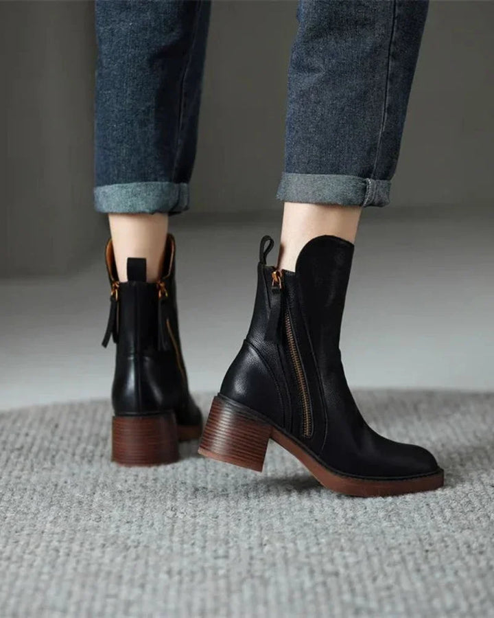 Women's Leather Ankle Boots – Side Zipper And Chunky Block Heel
