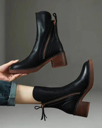 Women's Leather Ankle Boots – Side Zipper And Chunky Block Heel