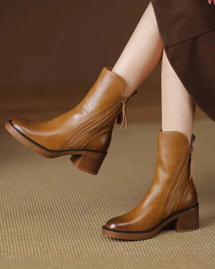 Women's Leather Ankle Boots – Side Zipper And Chunky Block Heel
