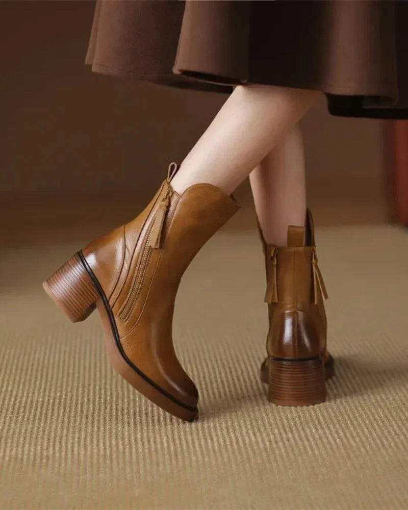 Women's Leather Ankle Boots – Side Zipper And Chunky Block Heel