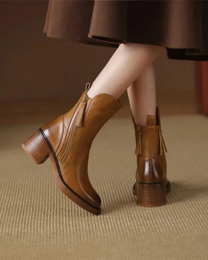 Women's Leather Ankle Boots – Side Zipper And Chunky Block Heel