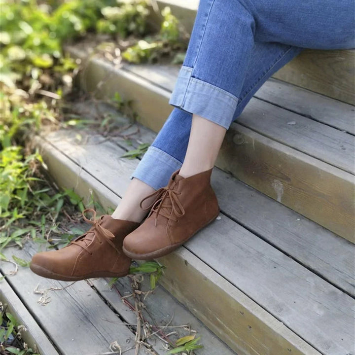 Women's Leather Casual Ankle Boots – Lace-Up Closure And Round Toe