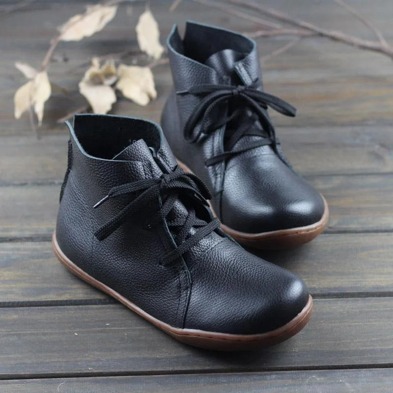 Women's Leather Casual Ankle Boots – Lace-Up Closure And Round Toe