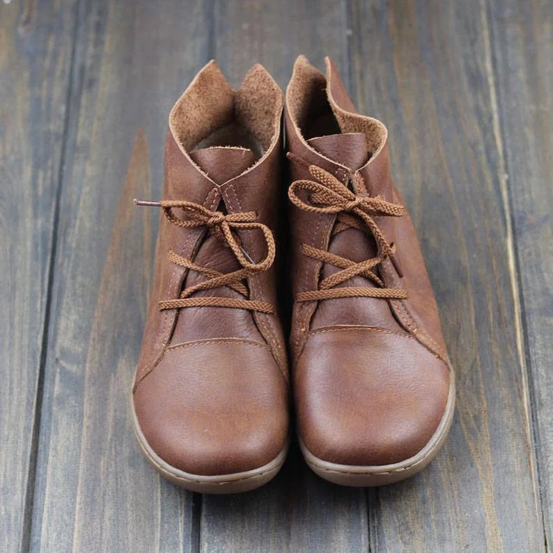 Women's Leather Casual Ankle Boots – Lace-Up Closure And Round Toe