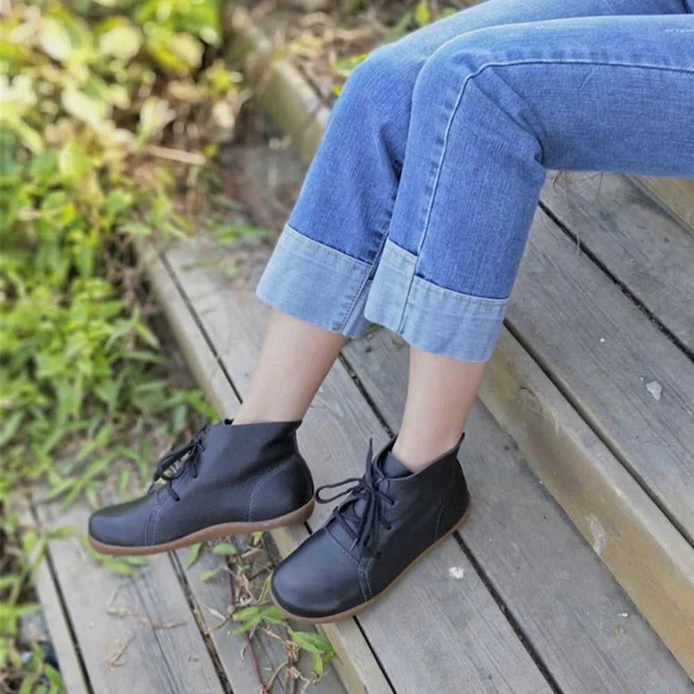 Women's Leather Casual Ankle Boots – Lace-Up Closure And Round Toe