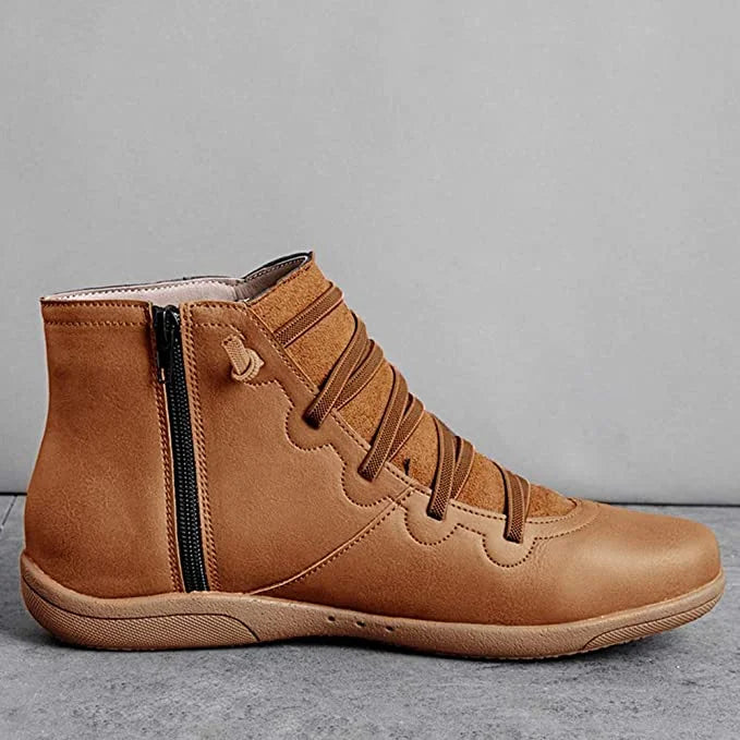 Women's Leather Casual Ankle Boots – Lace-Up Front And Side Zipper