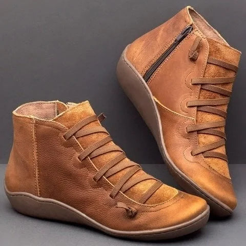 Women's Leather Casual Ankle Boots – Lace-Up Front And Side Zipper