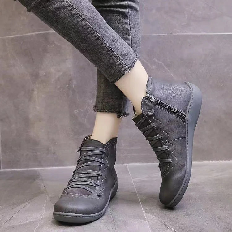 Women's Leather Casual Ankle Boots – Lace-Up Front And Side Zipper