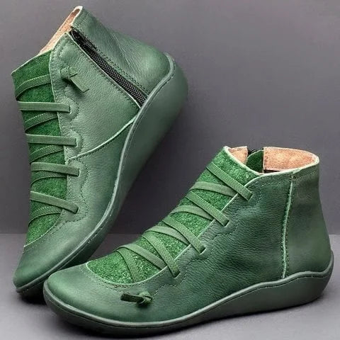 Women's Leather Casual Ankle Boots – Lace-Up Front And Side Zipper