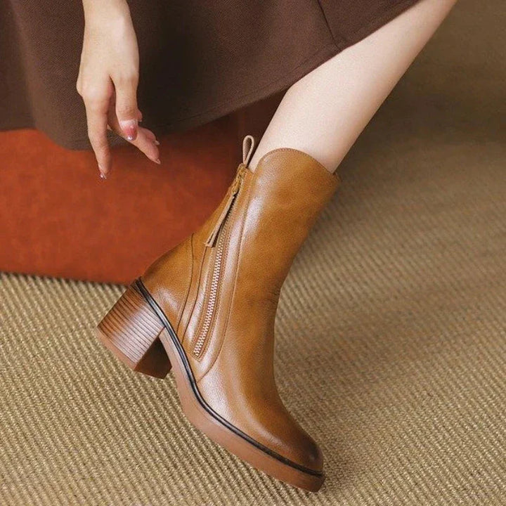 Women's Leather Chunky-Heel Ankle Boots – Side Zipper Closure