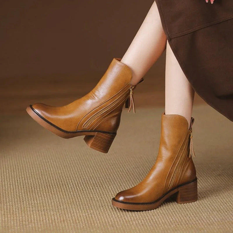 Women's Leather Chunky-Heel Ankle Boots – Side Zipper Closure