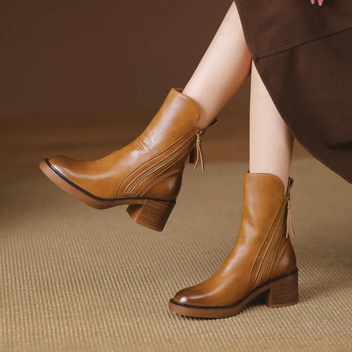 Women's Leather Chunky-Heel Ankle Boots – Side Zipper Closure