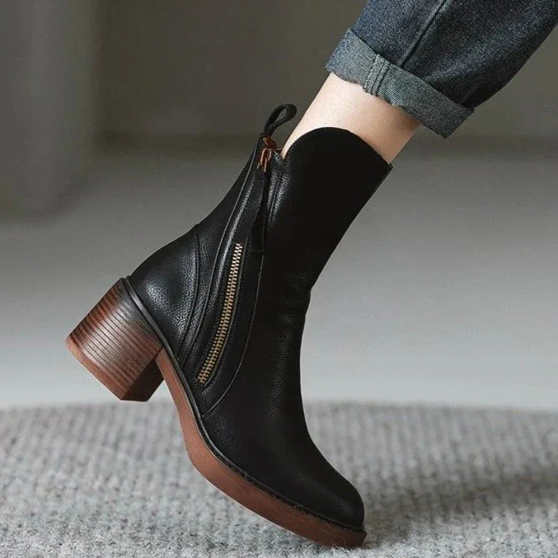 Women's Leather Chunky-Heel Ankle Boots – Side Zipper Closure