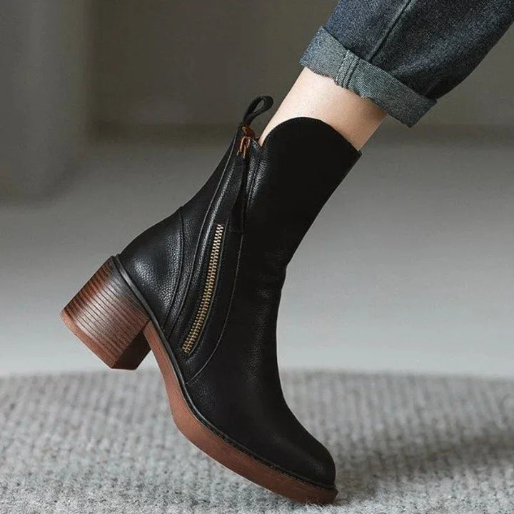 Women's Leather Chunky-Heel Ankle Boots – Side Zipper Closure