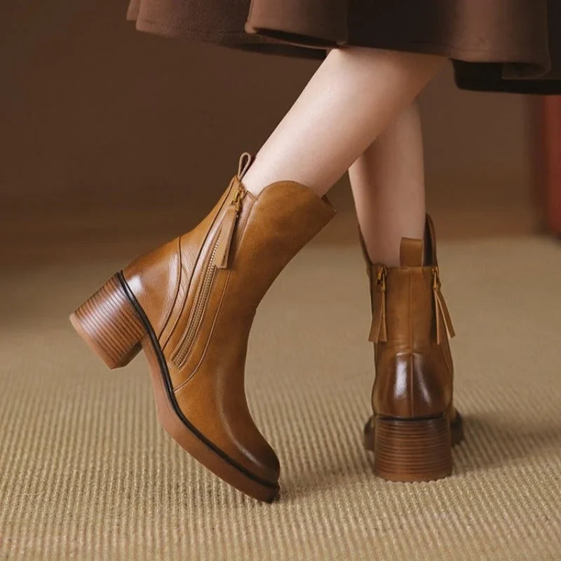 Women's Leather Chunky-Heel Ankle Boots – Side Zipper Closure