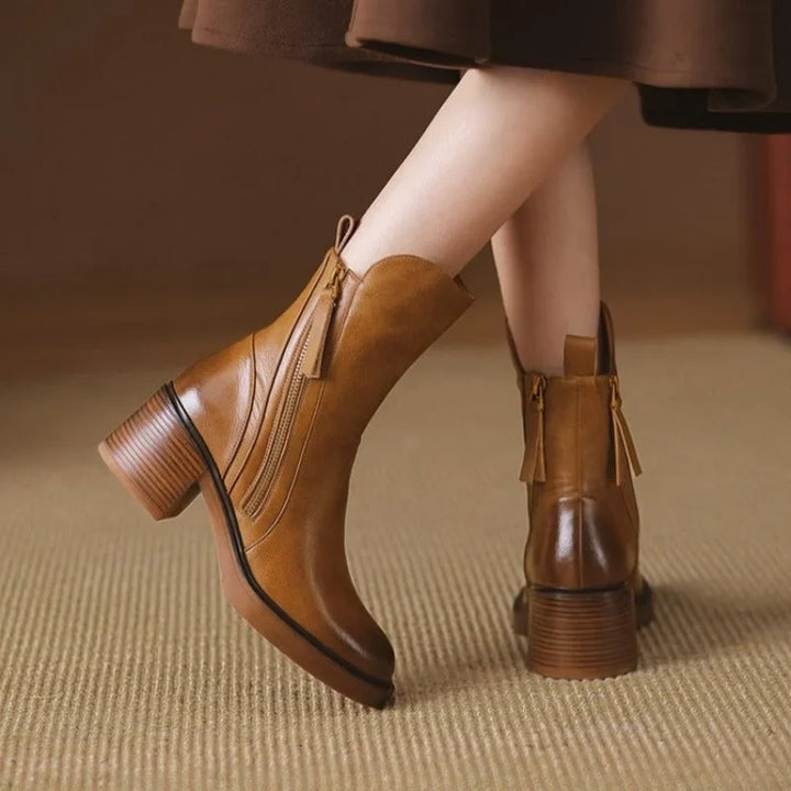 Women's Leather Chunky-Heel Ankle Boots – Side Zipper Closure