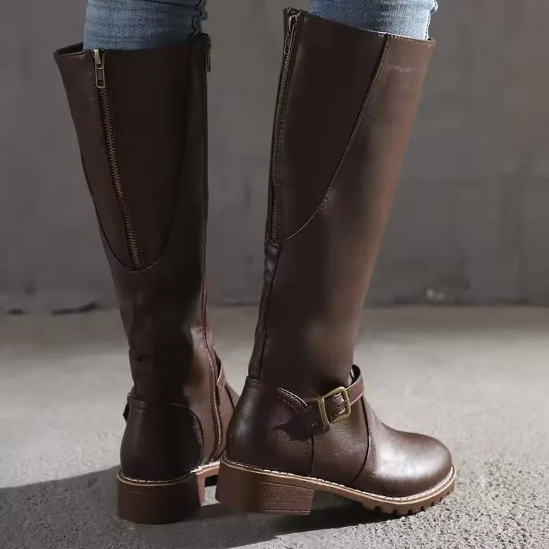 Women's Leather Knee-High Boots – Buckle Strap And Side Zipper