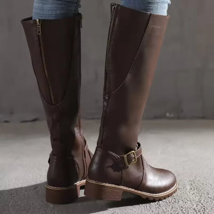 Women's Leather Knee-High Boots – Buckle Strap And Side Zipper