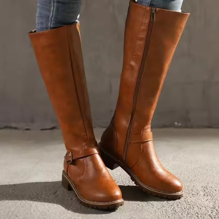 Women's Leather Knee-High Boots – Buckle Strap And Side Zipper