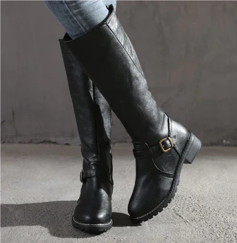 Women's Leather Knee-High Boots – Buckle Strap And Side Zipper
