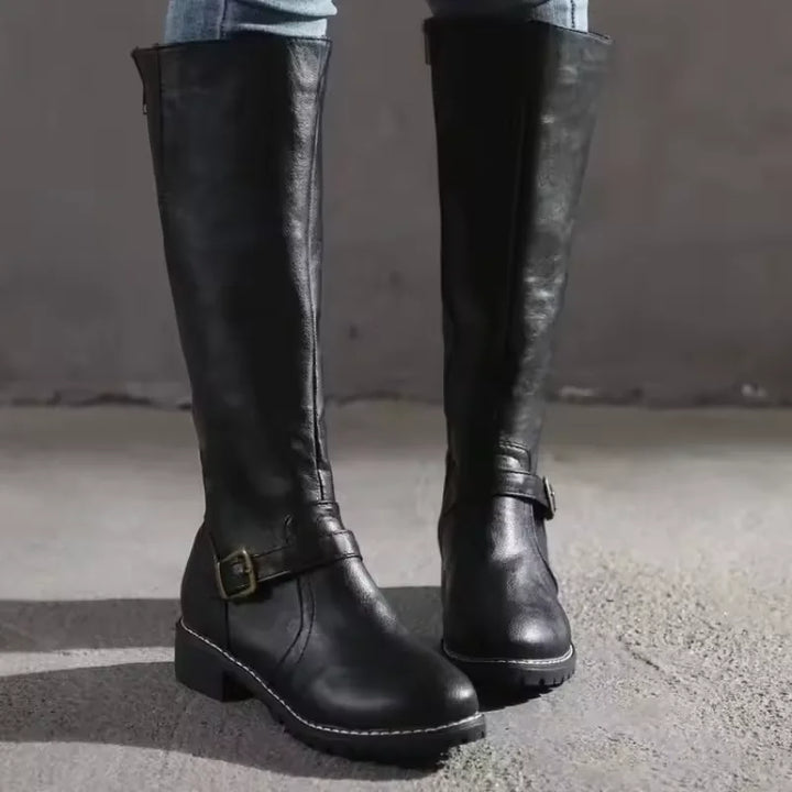 Women's Leather Knee-High Boots – Buckle Strap And Side Zipper