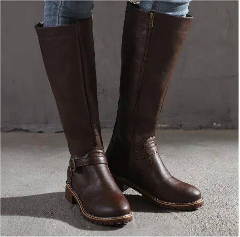 Women's Leather Knee-High Boots – Buckle Strap And Side Zipper