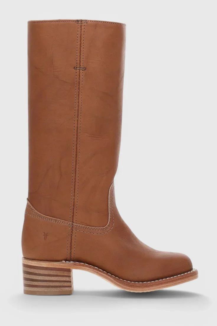 Women's Leather Mid-Calf Western-Style Boots – Stacked-Block Heel