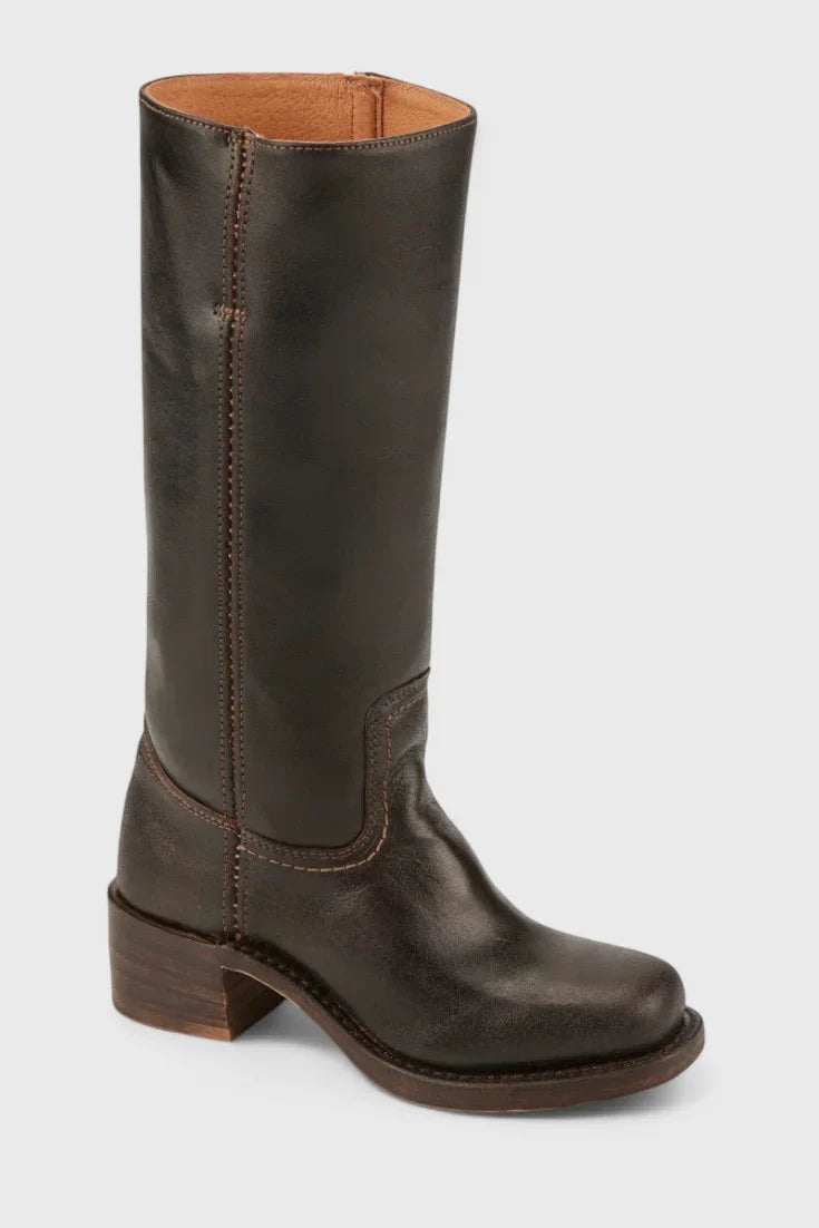 Women's Leather Mid-Calf Western-Style Boots – Stacked-Block Heel