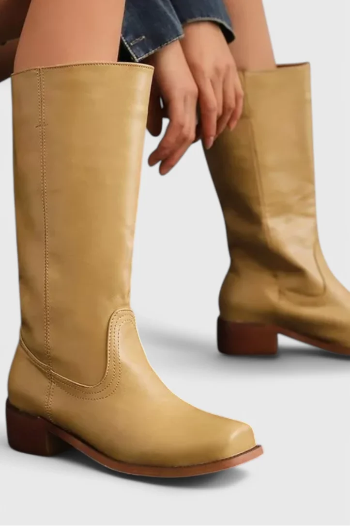 Women's Leather Mid-Calf Western-Style Boots – Stacked-Block Heel