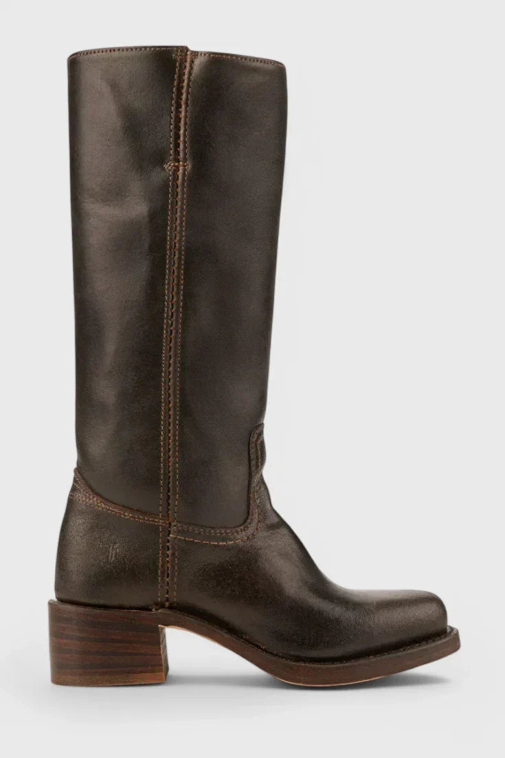 Women's Leather Mid-Calf Western-Style Boots – Stacked-Block Heel
