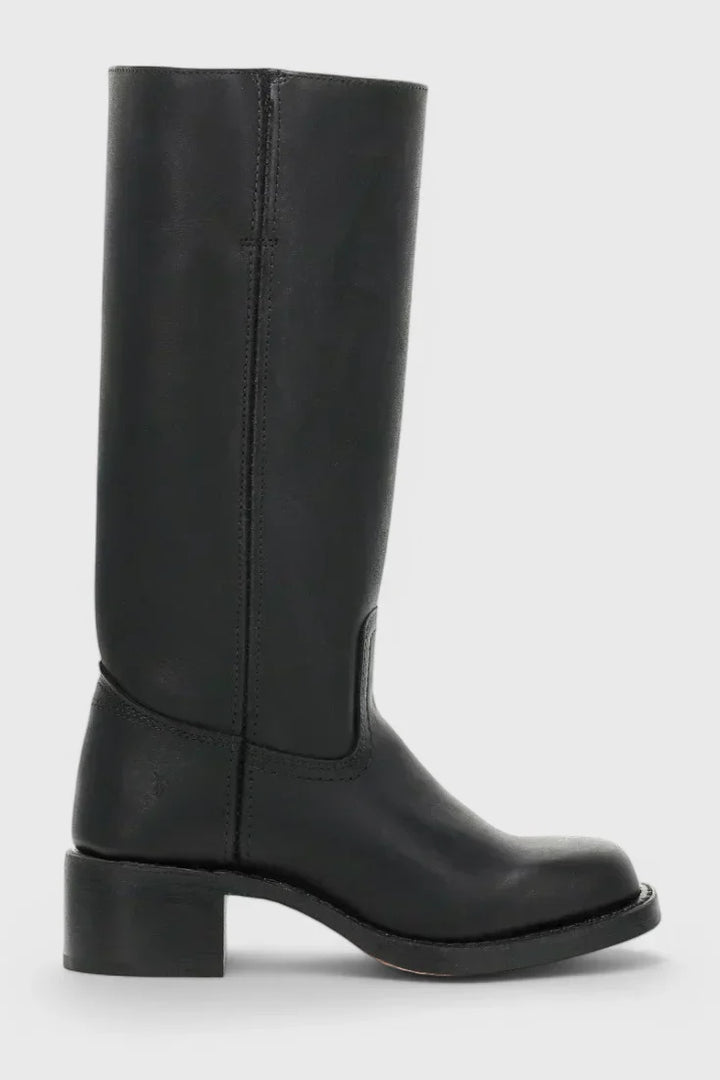 Women's Leather Mid-Calf Western-Style Boots – Stacked-Block Heel