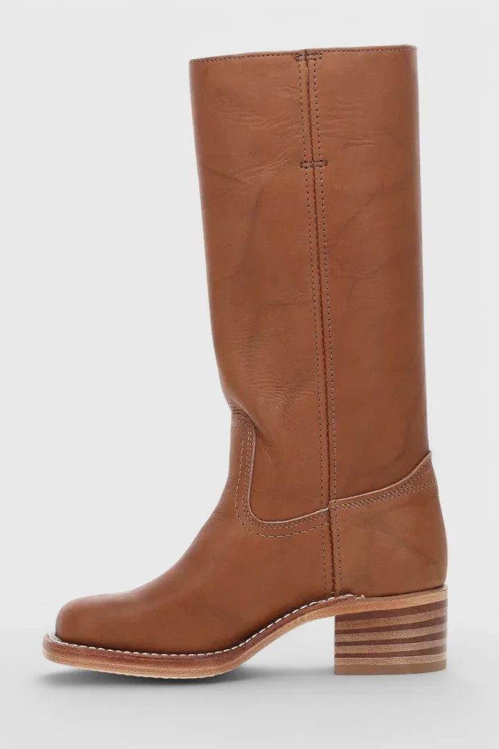 Women's Leather Mid-Calf Western-Style Boots – Stacked-Block Heel