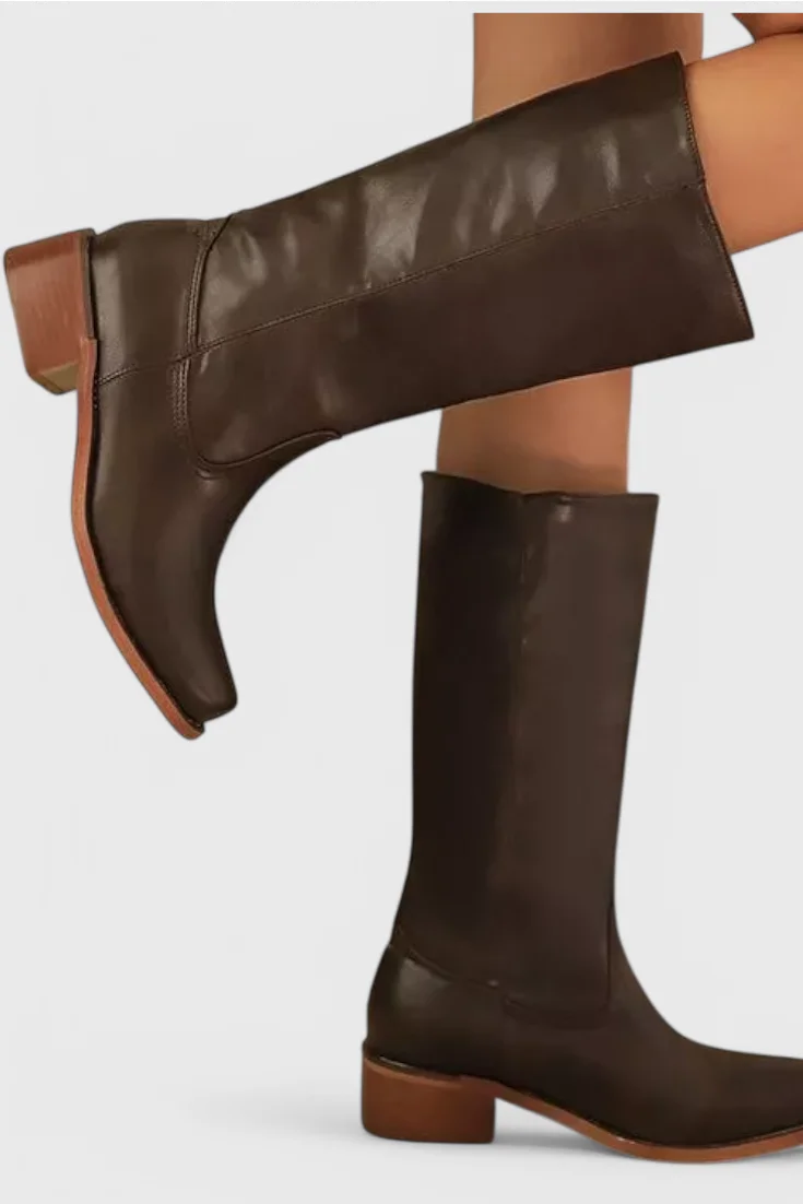 Women's Leather Mid-Calf Western-Style Boots – Stacked-Block Heel