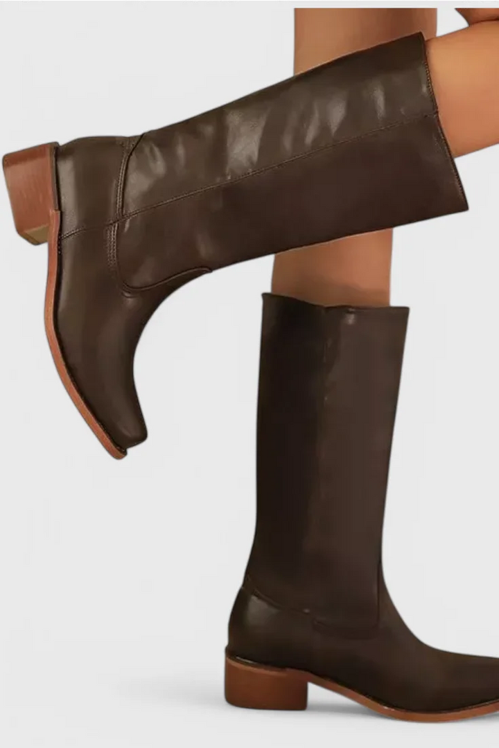 Women's Leather Mid-Calf Western-Style Boots – Stacked-Block Heel
