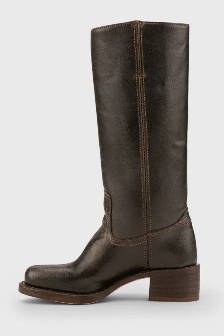Women's Leather Mid-Calf Western-Style Boots – Stacked-Block Heel