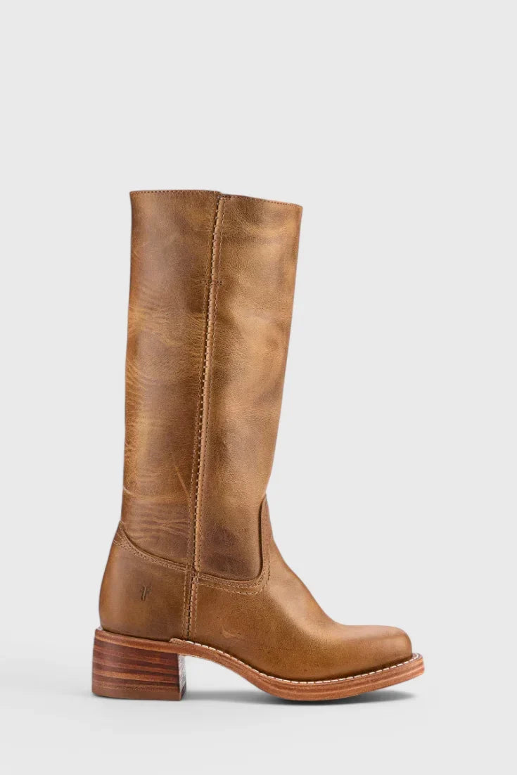 Women's Leather Mid-Calf Western-Style Boots – Stacked-Block Heel