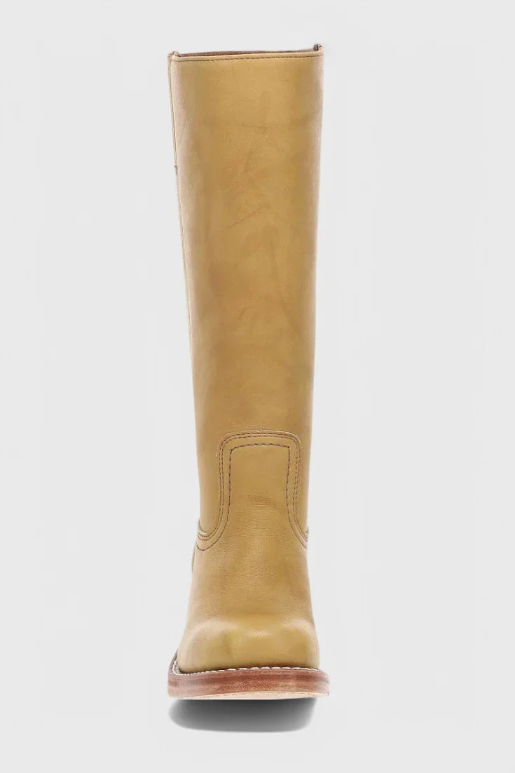 Women's Leather Mid-Calf Western-Style Boots – Stacked-Block Heel