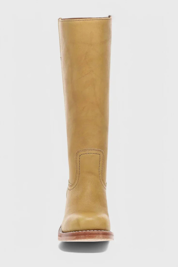 Women's Leather Mid-Calf Western-Style Boots – Stacked-Block Heel