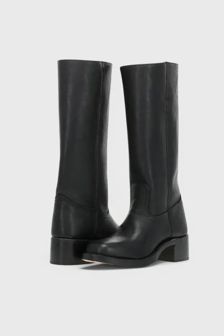 Women's Leather Mid-Calf Western-Style Boots – Stacked-Block Heel