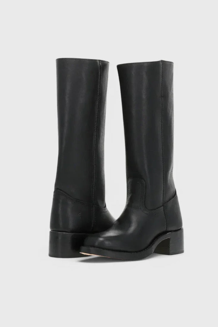 Women's Leather Mid-Calf Western-Style Boots – Stacked-Block Heel