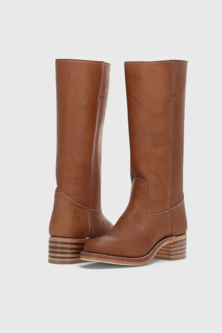 Women's Leather Mid-Calf Western-Style Boots – Stacked-Block Heel