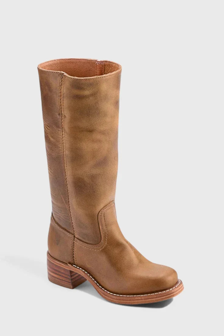 Women's Leather Mid-Calf Western-Style Boots – Stacked-Block Heel