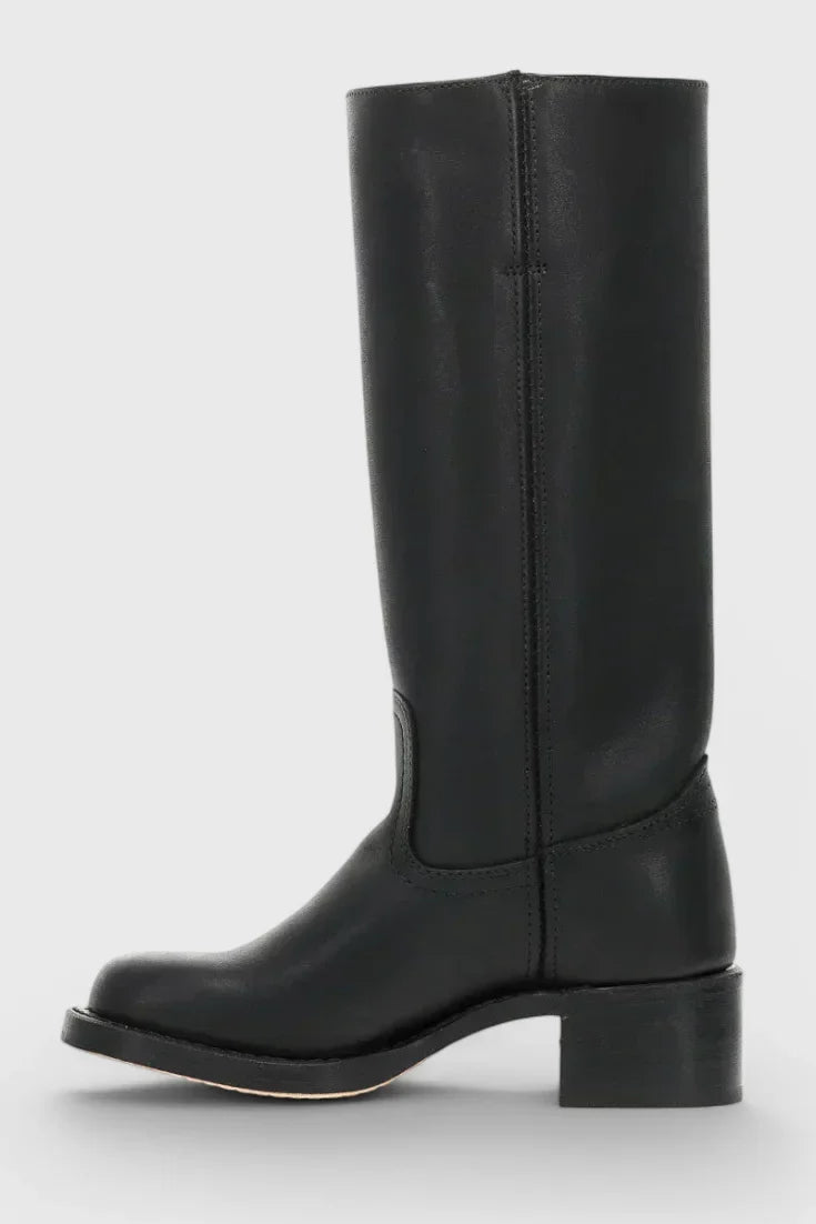 Women's Leather Mid-Calf Western-Style Boots – Stacked-Block Heel
