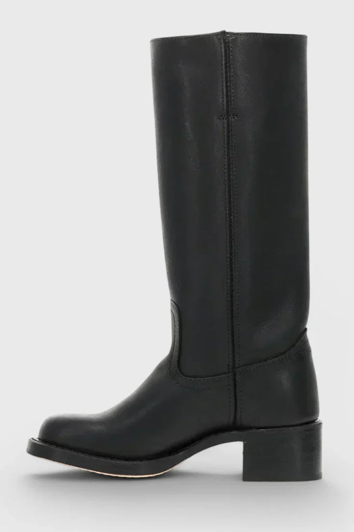 Women's Leather Mid-Calf Western-Style Boots – Stacked-Block Heel