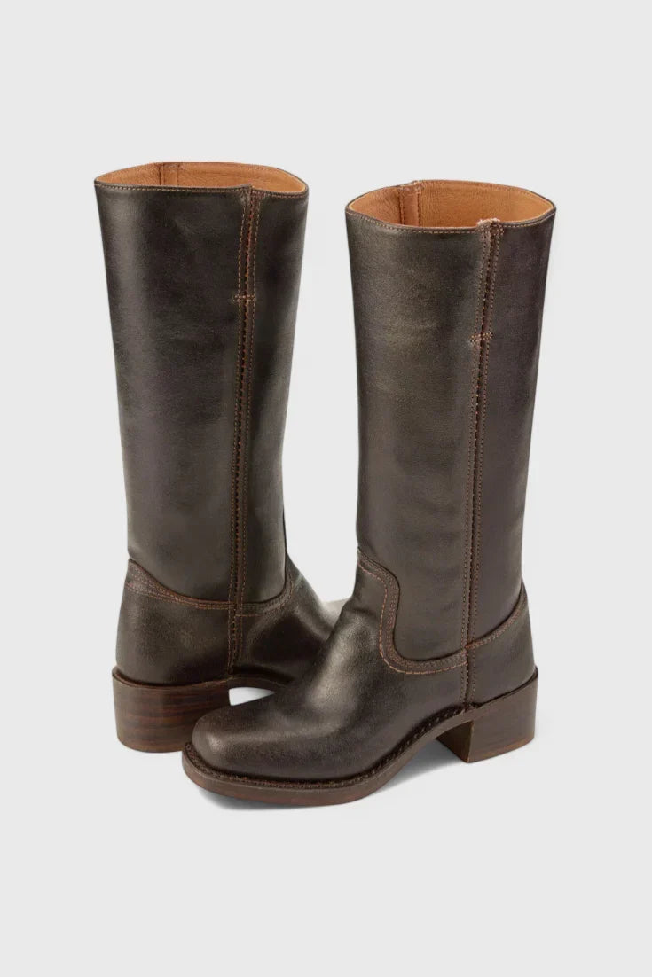 Women's Leather Mid-Calf Western-Style Boots – Stacked-Block Heel